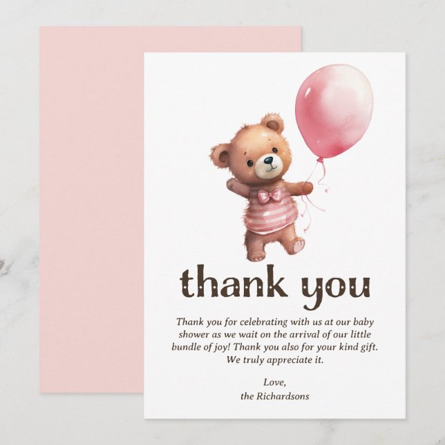 Nalle Girl Baby Shower Tack Kort (Fram/baksida)