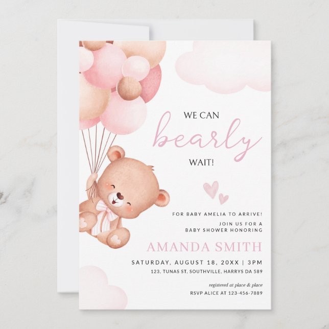 Nalle Girl Baby Shower Watercolor rosa Inbjudningar (Framsida)