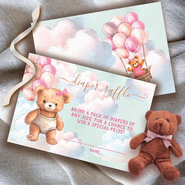 Nalle Girl Balloon Diaper Raffle Card Inbjudningar (Matching books for baby and invitation available!)