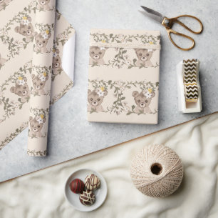 Nalle Girl Blommigt Greenery Baby Shower Presentpapper