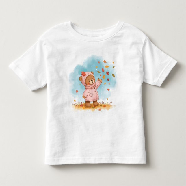 Nalle Girl Catching Höst löv T Shirt (Framsida)