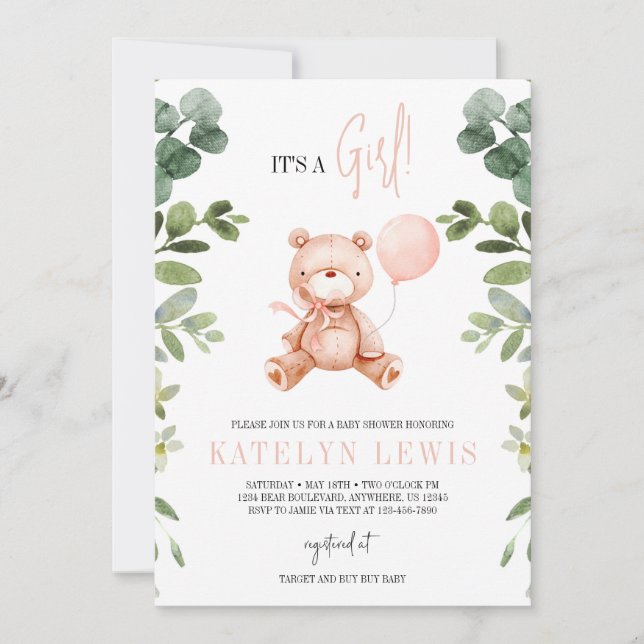 Nalle Girl Greenery Baby Shower Inbjudningar (Framsida)
