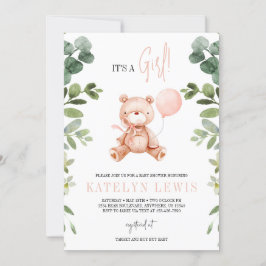 Nalle Girl Greenery Baby Shower Inbjudningar