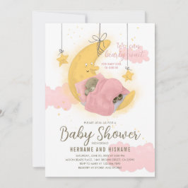 Nalle Girl Måne Stars  Rosa Baby Shower Inbjudningar