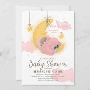 Nalle Girl Måne Stars Rosa Baby Shower Inbjudningar