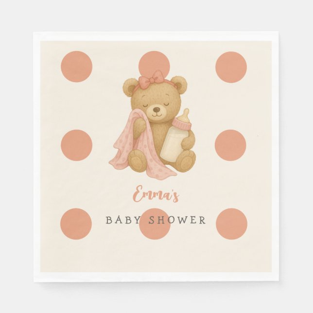 Nalle Girl Polka Dot Baby Shower Napkins Pappersservett (Framsidan)