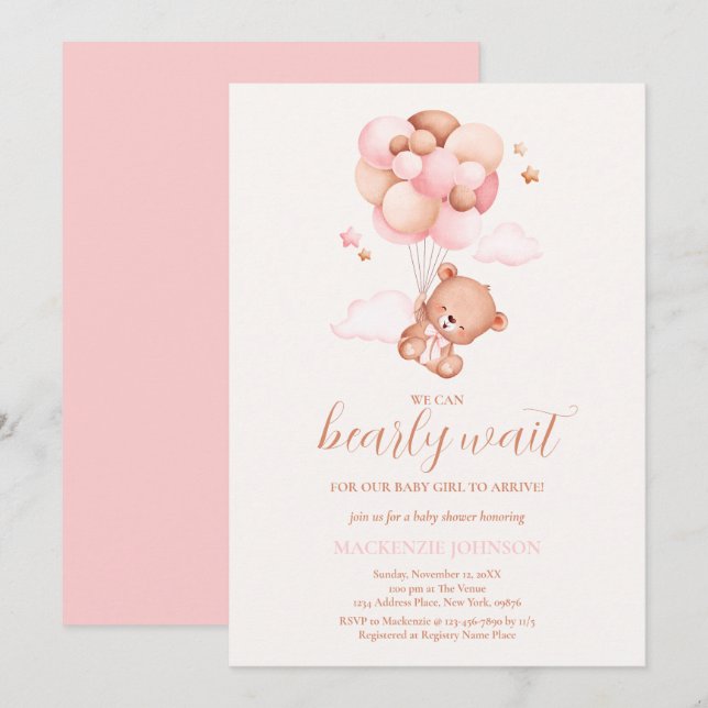 Nalle Girl Rosa Barly Wait Baby Shower Inbjudningar (Fram/baksida)