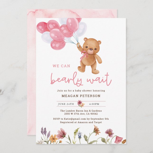 Nalle Girl vi kan bota Baby Shower Inbjudningar (Fram/baksida)