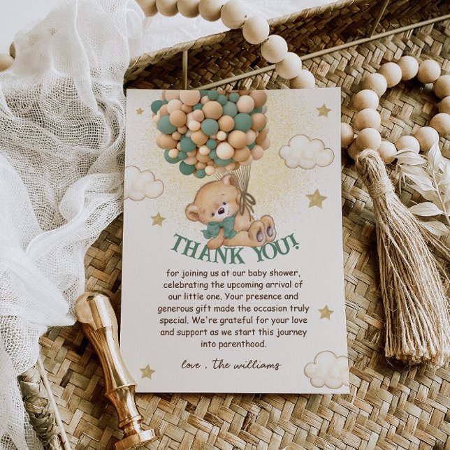 Nalle Grönt Brown Baby Shower Tack Kort (Skapare uppladdad)