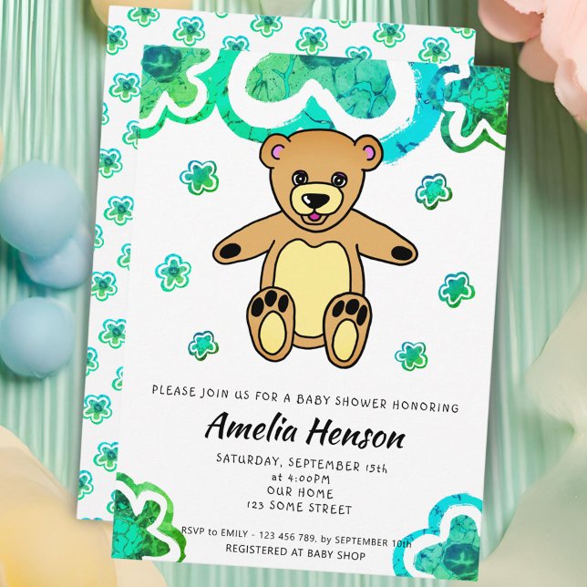 Nalle Grönt Flowers Blommigt Baby Shower Inbjudningar (Skapare uppladdad)