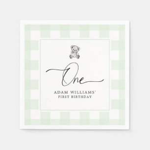 Nalle Grönt Gingham 1st Birthday Napkins Pappersservett