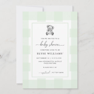 Nalle Grönt Gingham Baby Shower-inbjudan Inbjudningar