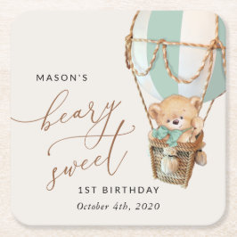 Nalle, Grönt Luftballong, första födelsedag Underlägg Papper Kvadrat