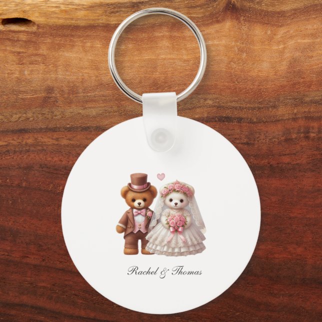 Nalle, grov och groom Bröllop Nyckelring (Framsida)