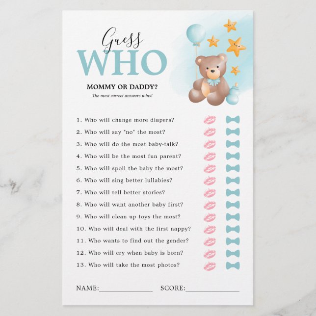 Nalle Guessing Baby Shower-spel (Framsida)