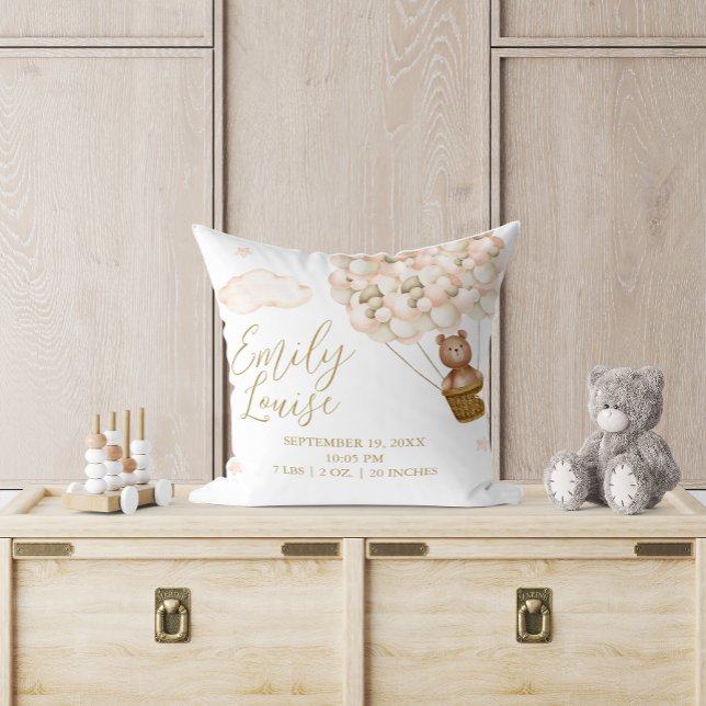 Nalle Guld Ballonger Baby Birth Stats Kudde (Teddy Bear Gold Balloons Baby Birth Stats Throw Pillow)