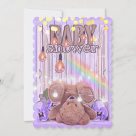 Nalle guld ljus-babydusch för lila i glitter inbjudningar