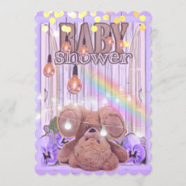 Nalle guld ljus-babydusch för lila i glitter inbjudningar