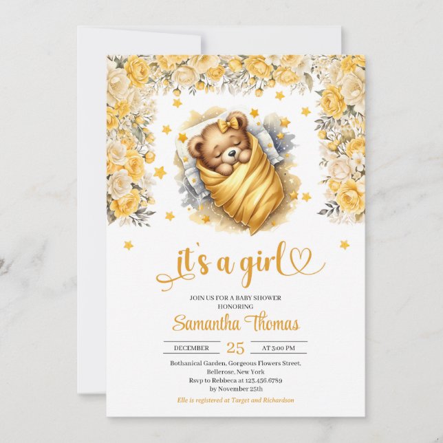 Nalle, gultens blomsterdusch, babydusch inbjudningar (Framsida)