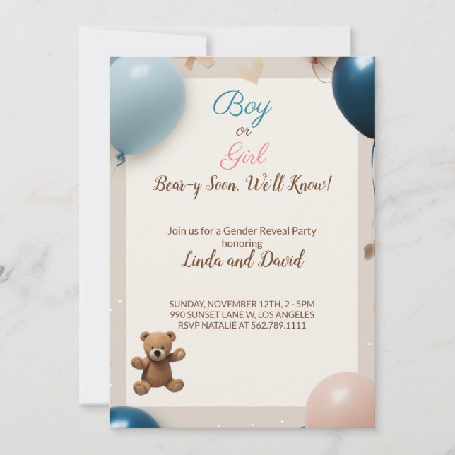 Nalle Hett Balloments: Boy or Girl Gender Reveal Inbjudningar (Framsida)
