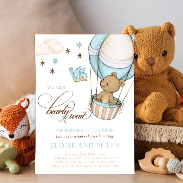 Nalle hett Balloon Boy Barly Wait Baby Shower Inbjudningar (Bearly wait Teddy bear hot air balloon)