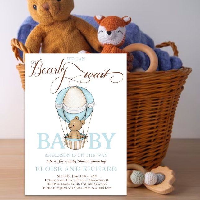 Nalle Hett Balloon Boy Barly Wait Baby Shower Inbjudningar (Baby Shower teddy bear)