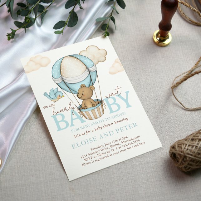 Nalle hett Balloon Boy Barly Wait Baby Shower Inbjudningar (Hot Air Balloon Baby Shower invitation card)
