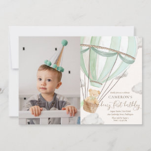 Nalle Hett Hair Balloon First Birthday Photo Inbjudningar