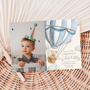Nalle Hett Hair Balloon First Birthday Photo Inbjudningar