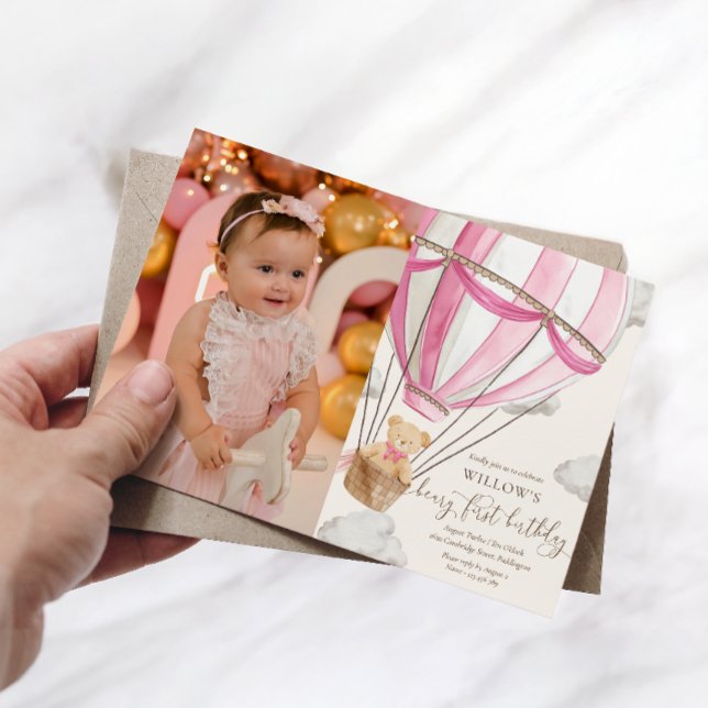 Nalle Hett Hair Balloon First Birthday Photo Inbjudningar (Skapare uppladdad)