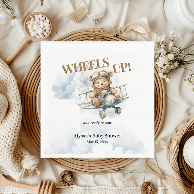 Nalle Hjul Up Little Co Pilot Pappersservett (Wheels Up/Teddy Bear Little Co-Pilot baby shower paper napkins)