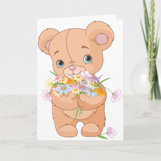 Nalle Holding A Bouquet-gratulationskort Kort (Skapare uppladdad)