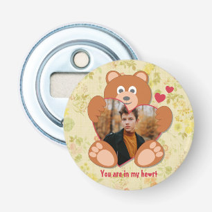 Nalle Holding Heart Photo Valentine Day Flasköppnare