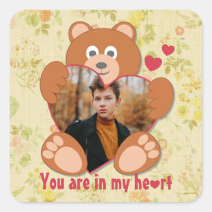 Nalle Holding Heart Photo Valentine Day Fyrkantigt Klistermärke