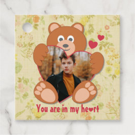 Nalle Holding Heart Photo Valentine Day Gåvor Etiketter
