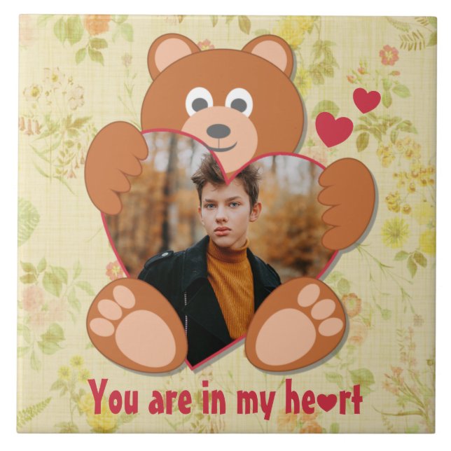 Nalle Holding Heart Photo Valentine Day Kakelplatta (Framsidan)