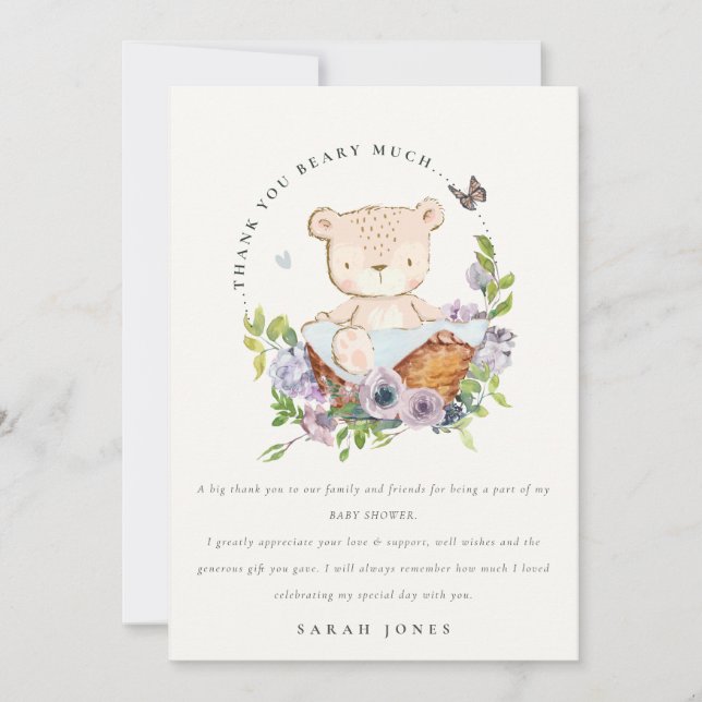 Nalle i Blå babyskor i blomman Basket Tack Kort (Framsida)