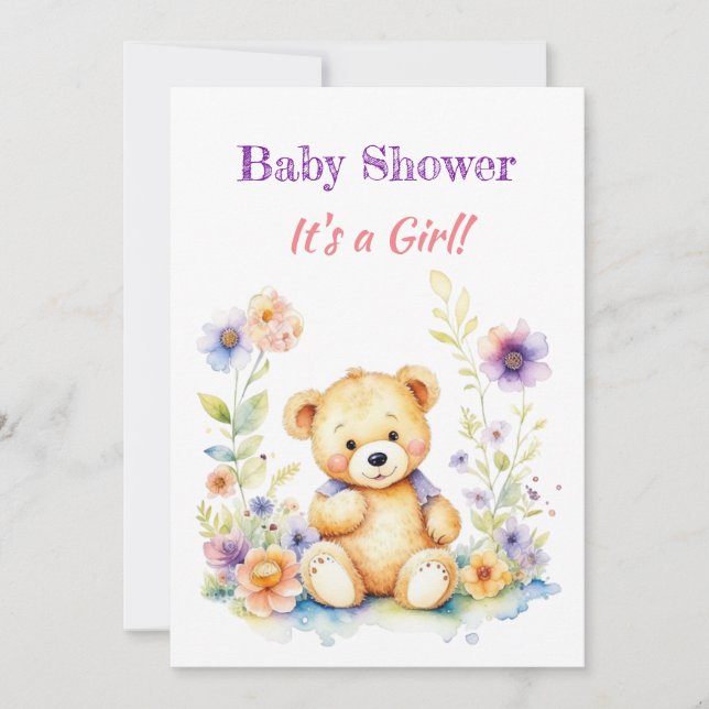 Nalle i Blommor Girl's Baby Shower Inbjudningar (Framsida)