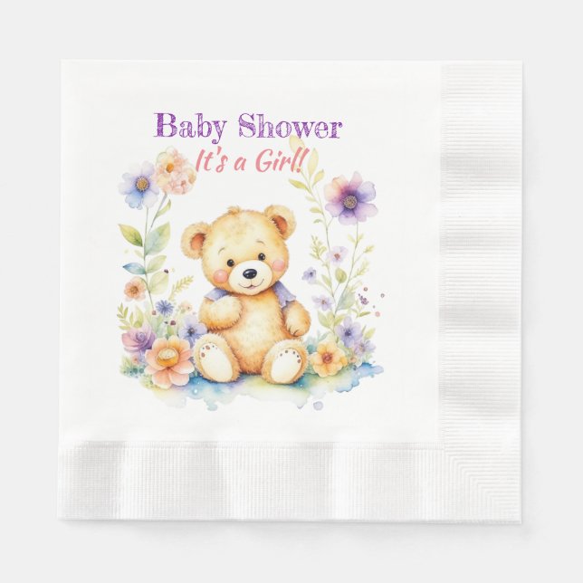 Nalle i Blommor Girl's Baby Shower Pappersservett (Framsidan)