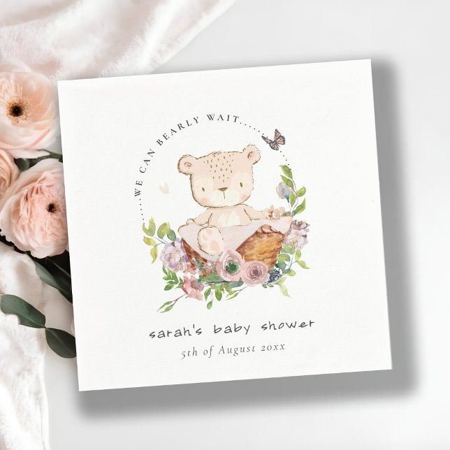 Nalle i Blomsterbabyskor för Rosa i Basket Pappersservett (Skapare uppladdad)
