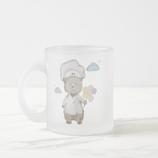 nalle i en kockhatt med ballonkaffe mu frostad glasmugg (Vänster)