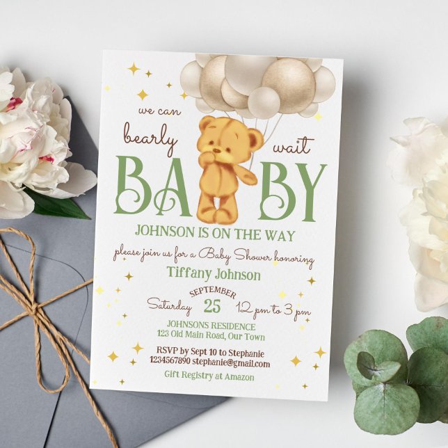 Nalle i grönten, vänta tidigt på brunbabydusch inbjudningar (Teddy bear bearly wait baby shower template invitation cute teddy bear with balloons sage green brow)