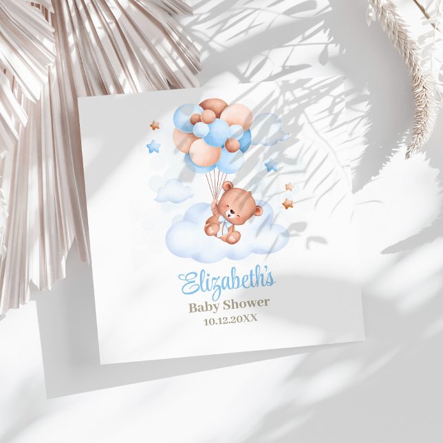 Nalle i Himlar babyskorna Napkins Pappersservett (Teddy Bear in the Sky Baby Shower Napkins on a sunny white table.)