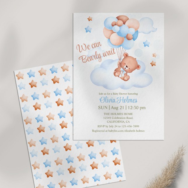 Nalle i Himlar-inbjudan till babyduschen Inbjudningar (Teddy Bear in the Sky Baby Shower Invitation on table)