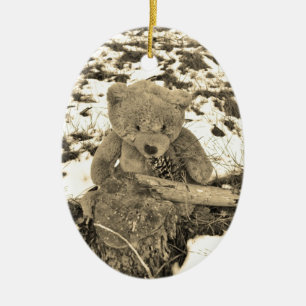 Nalle i Holly,Sepia-ton Julgransprydnad Keramik