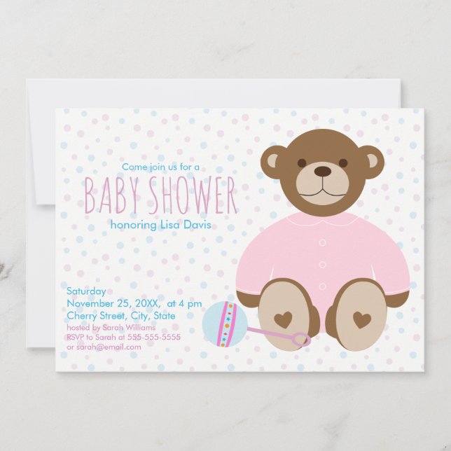 Nalle i Rosa Baby Shower-inbjudan Inbjudningar (Framsida)