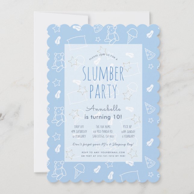 Nalle Ice Cream Blue Slumber Party Birthday Inbjudningar (Framsida)