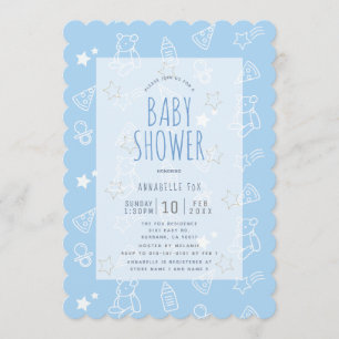 Nalle Ice Cream Pizza Blue Baby Shower Inbjudningar