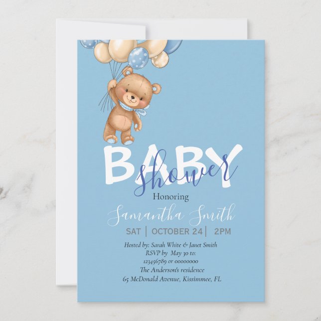 Nalle, inbjudan till Blue Balloons Baby Shower (Framsida)