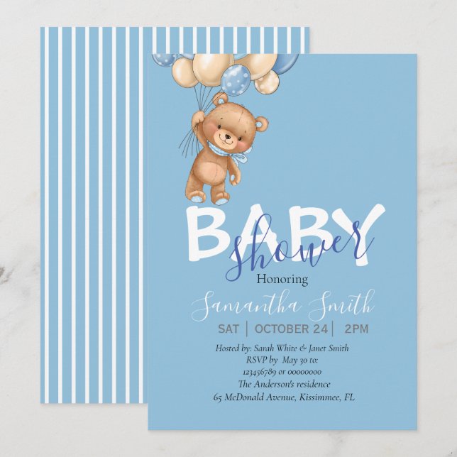 Nalle, inbjudan till Blue Balloons Baby Shower (Fram/baksida)